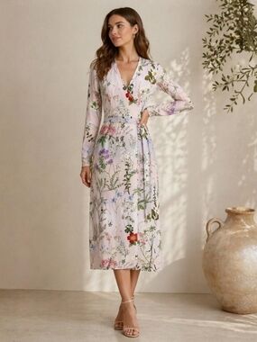 Pink Floral Wrap Dress with Belt, Stretchy Jersey